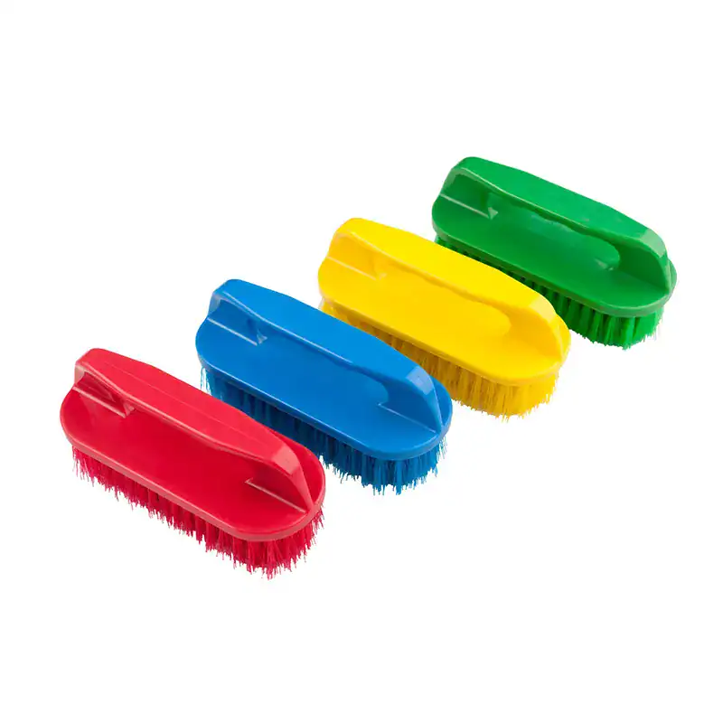 PLASTIC BRUSH WITH HANDLE Red, blue, yellow, and green scrub brushes for cleaning, ideal for commercial and industrial hygiene sanitation. Durable scrubbing tools for effective surface cleaning and hygiene maintenance.