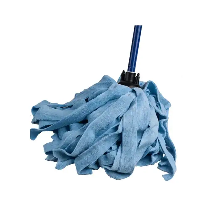 Microfiber mop with blue cleaning cloth for commercial janitorial cleaning services Asia.