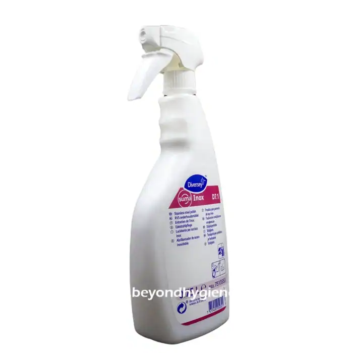 Disinfectant spray bottle for hygiene and sanitation, ideal for commercial and industrial cleaning, with stainless steel polish and antibacterial properties.