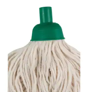 Microfiber mop head with green plastic connector for commercial cleaning, durable and efficient cleaning tool, ideal for professional janitorial services.