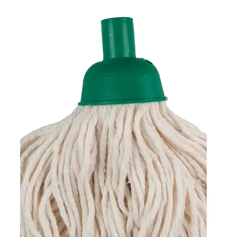 3 Microfiber mop head with green plastic connector for commercial cleaning, durable and efficient cleaning tool, ideal for professional janitorial services.