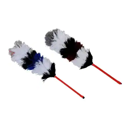 Dust mop with colorful microfiber strands for cleaning floors, ideal for commercial and industrial cleaning.