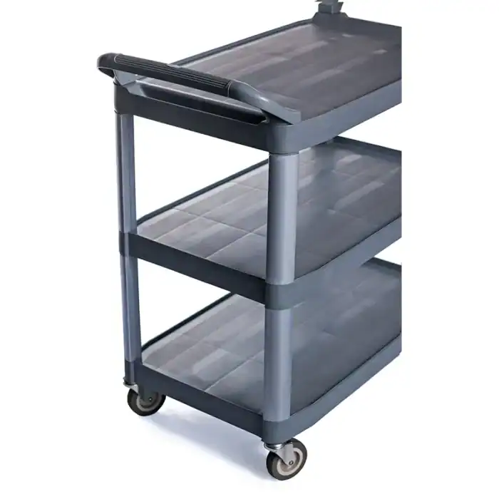 Lightweight three-tier gray utility cart with wheels, ideal for commercial cleaning and janitorial services in Asia, enhancing hygiene efficiency.