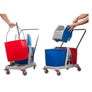 Red and blue cleaning carts with mop buckets and containers, ideal for commercial cleaning services in Asia. Durable and mobile for efficient janitorial operations.