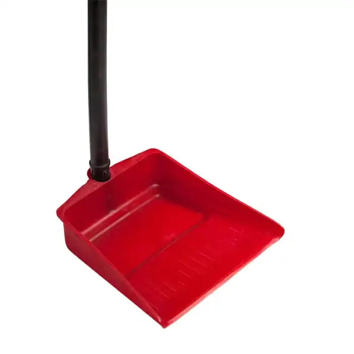 Red dustpan with handle, ideal for cleaning floors and sweeping debris in commercial and residential spaces.