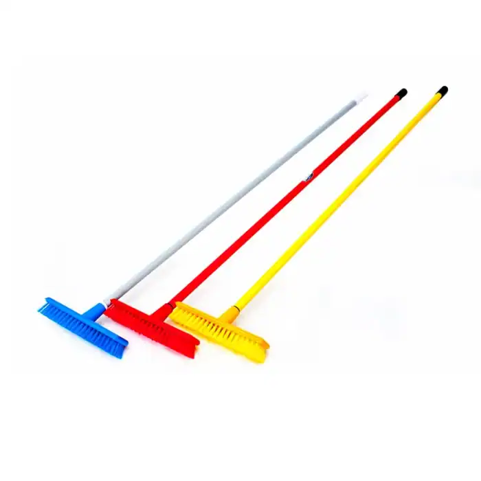 Blue, red, and yellow long-handled cleaning brooms with brush heads for sanitation and cleaning surfaces, suitable for commercial and industrial cleaning environments.