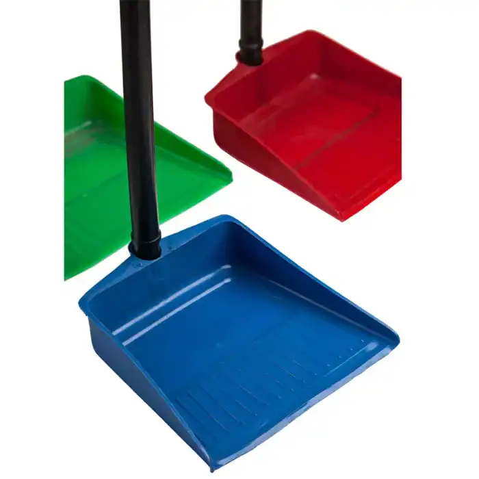Blue dustpan and broom set with colorful scoops for cleaning, professional hygiene tools for commercial and residential use.