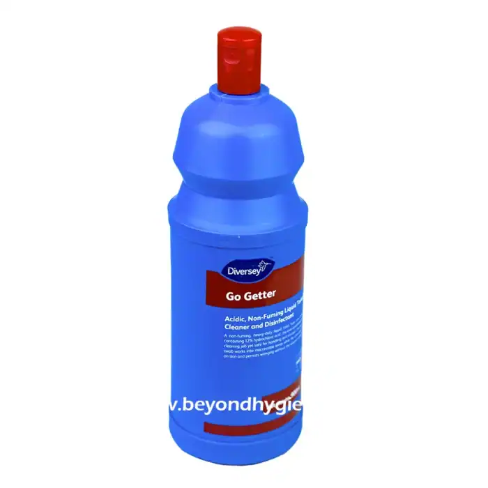 Diversey Go Getter liquid sanitizer and disinfectant bottle, non-fuming, acid-based, suitable for hygiene and cleaning in Asian markets and commercial spaces.