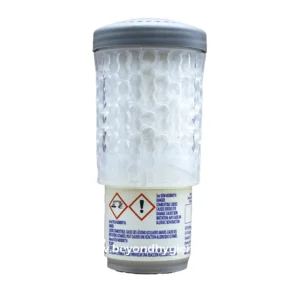 Liquid disinfectant dispenser bottle with hazard symbols for cleaning and sanitation, used in hygiene services by Beyond Hygiene Asia.