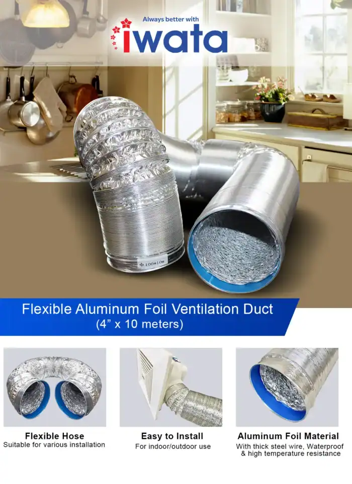 Flexible aluminum foil ventilation duct for commercial and residential cleaning environments.