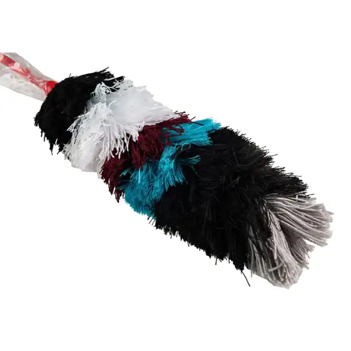 Colorful dusting mop with microfiber strands for cleaning floors and surfaces.