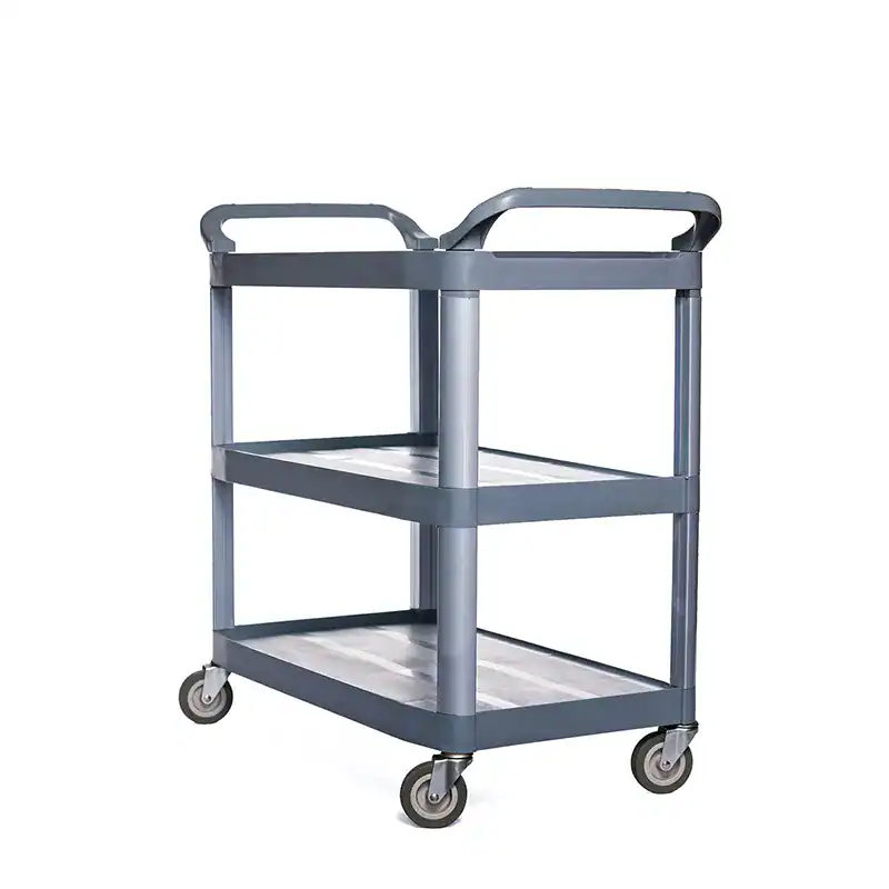 5 Heavy-duty stainless steel service cart ideal for hospital and healthcare cleanliness, durable and easy to clean, with four swivel caster wheels for smooth mobility.