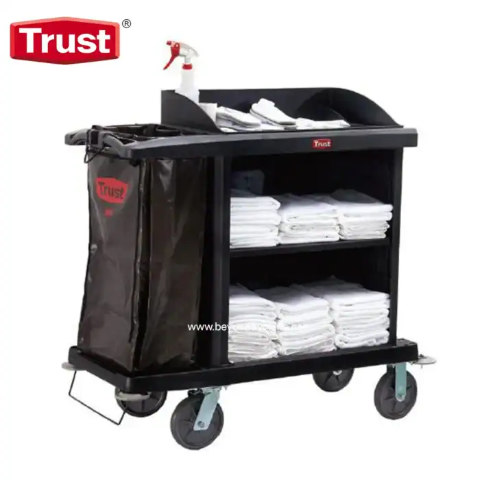 Disposable linen cart with cleaning supplies, microfiber cloths, and sprayer, ideal for professional hygiene and sanitation in healthcare and hospitality environments.