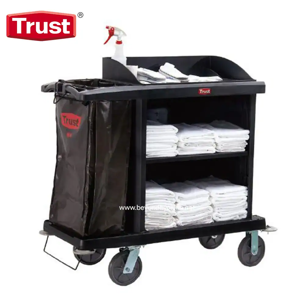 5031 Disposable linen cart with cleaning supplies, microfiber cloths, and sprayer, ideal for professional hygiene and sanitation in healthcare and hospitality environments.