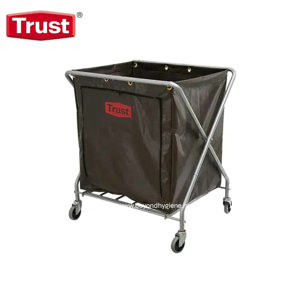 5041BLACK Industrial laundry hamper on wheels with Trust logo, designed for commercial cleaning and hygiene solutions, durable and easy to transport.