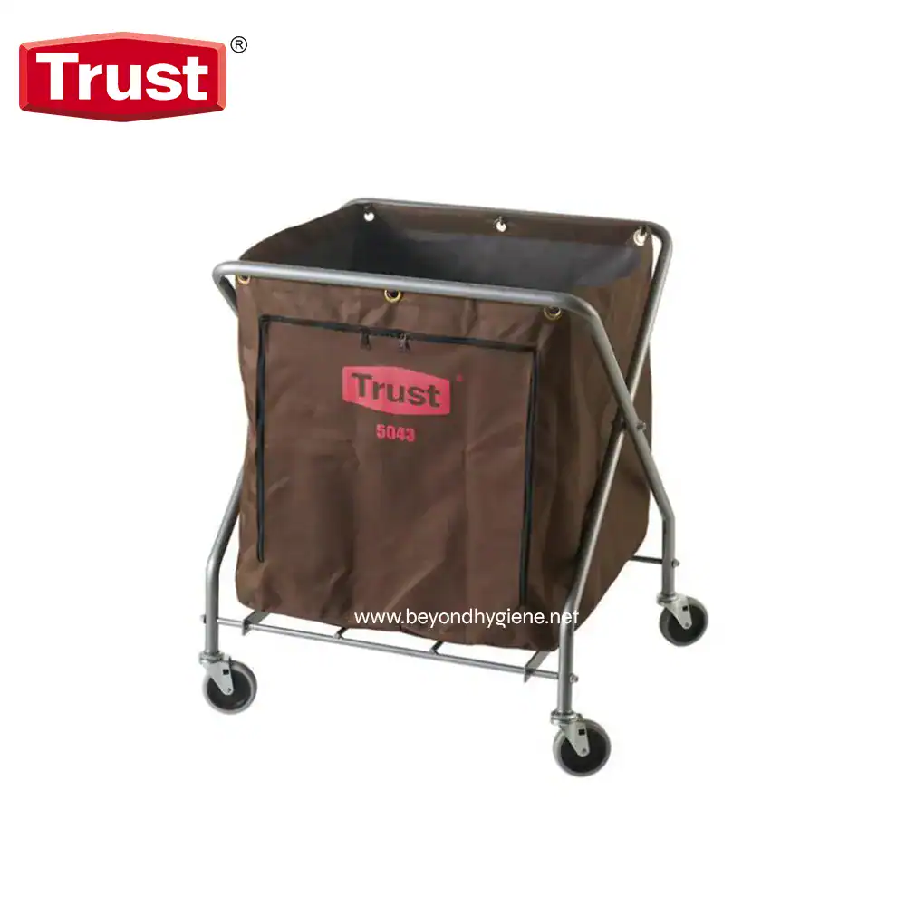 5041BROWN Wheelable laundry cart with brown fabric bag and metal frame, ideal for commercial and industrial laundry solutions, featuring sturdy construction and easy mobility.