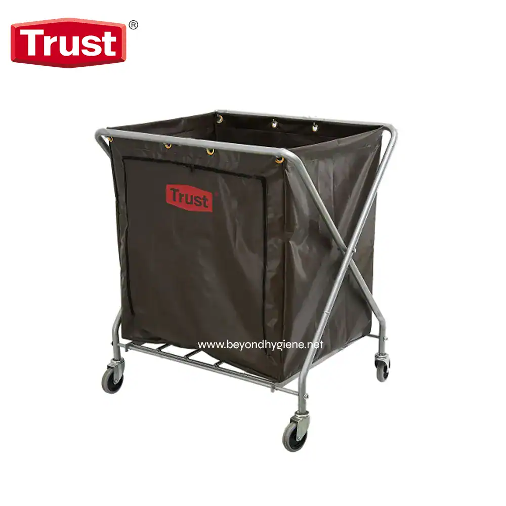 5042BLACK Heavy-duty laundry cart with black fabric bag and metal frame, ideal for commercial laundry and hygiene services in Asia. Durable and mobile for efficient laundry handling.
