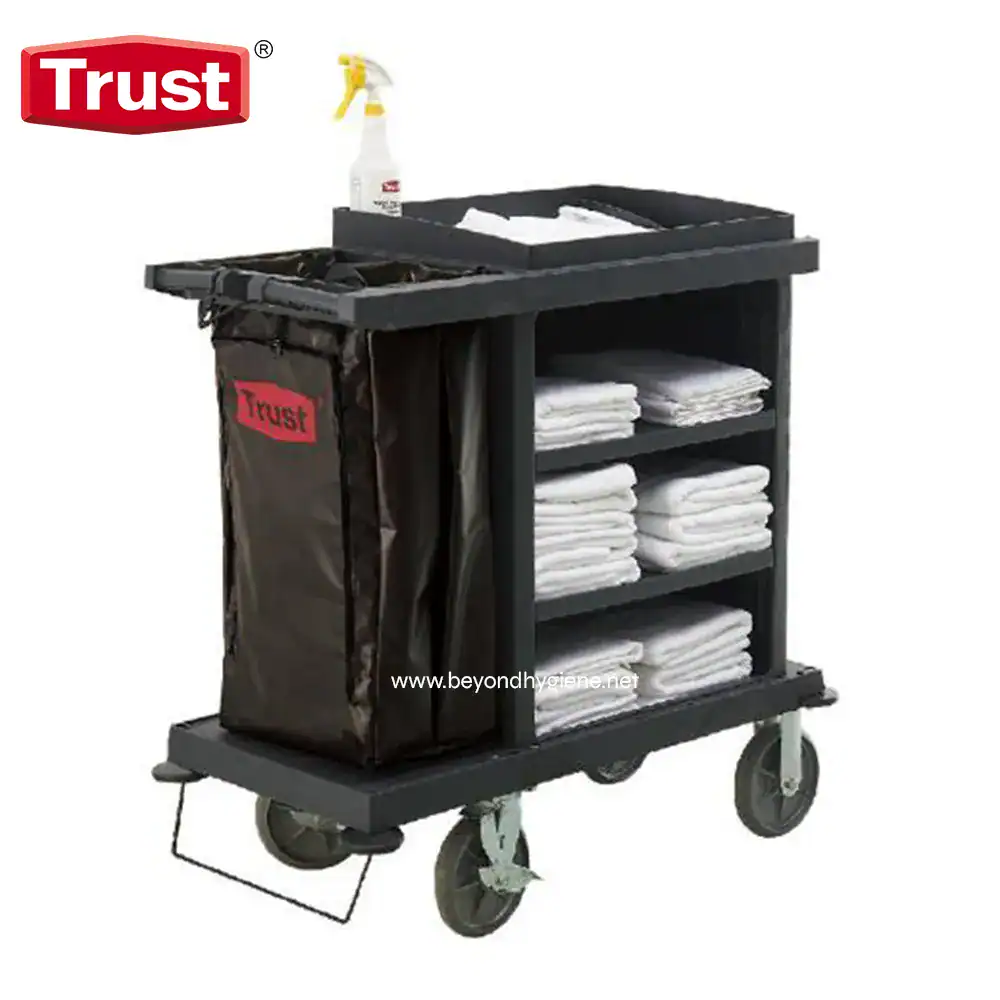 Trust logo cleaning trolley with towels and cleaning supplies for professional hygiene services in Asian markets.
