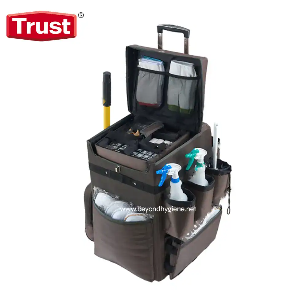5081 Cleaning equipment trolley with sprayers, disinfectants, and cleaning supplies for hygiene maintenance.