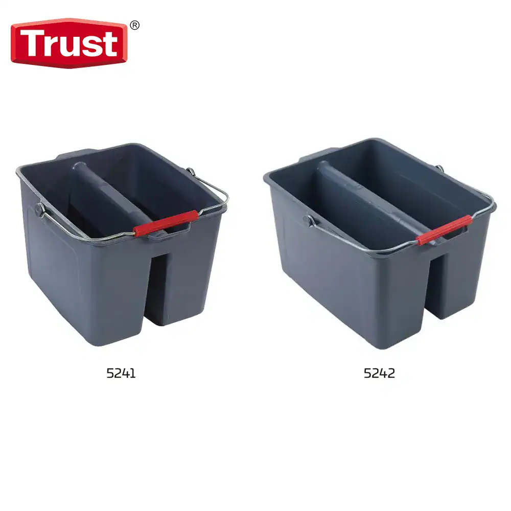 Bucket with metal handle and red grip, suitable for cleaning or janitorial tasks in hygiene and sanitation settings.