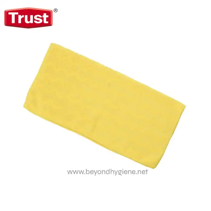 Yellow cleaning microfiber cloth for hygiene and sanitation purposes.