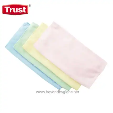 Microfiber cleaning cloths in pastel colors, sanitary and hygiene essentials for cleaning services, presented by Trust brand for effective hygiene maintenance at Beyond Hygiene Asia.