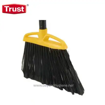 Yellow and black handheld broom with a plastic handle, ideal for commercial cleaning; durable bristles for effective dirt removal.