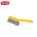 Yellow hand-held scrubbing brush with metal bristles for cleaning surfaces, suitable for industrial and household cleaning tasks.