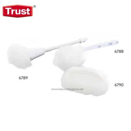 White toilet brush and cleaning sponge set for hygiene cleaning, with handles and replacement heads.
