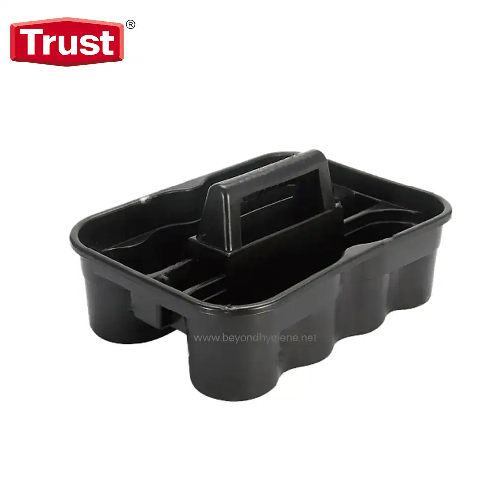 Black cleaning caddy organizer for hygiene supplies, durable plastic with handle for easy transport, ideal for commercial and household sanitation needs.