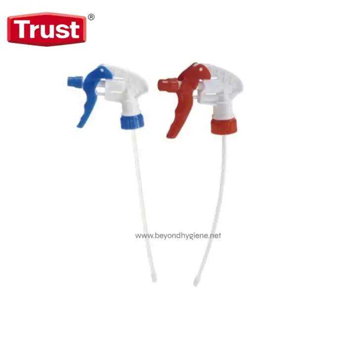 Blue and red spray bottle nozzles for cleaning or sanitizing purposes.