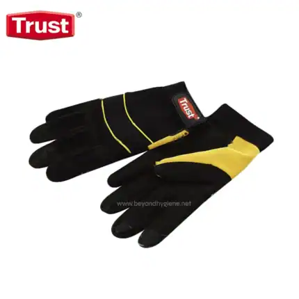 Trust work gloves with durability and comfort, ideal for industrial and manual tasks. Featuring a black and yellow design for enhanced grip and safety in various work environments.