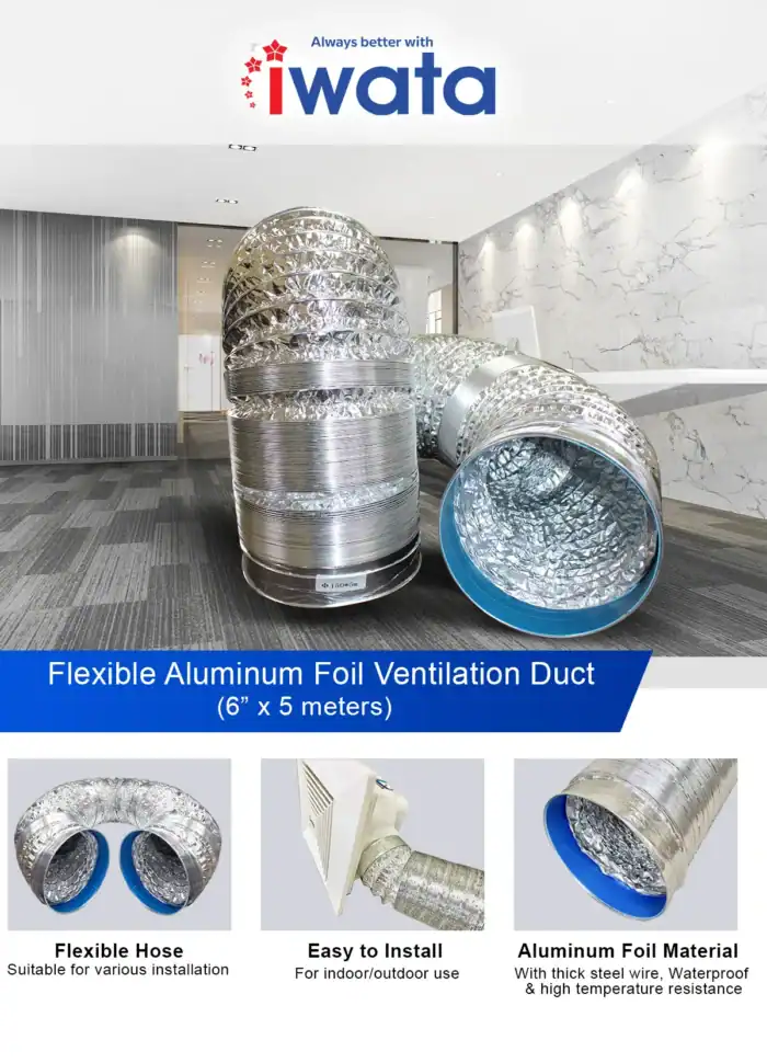Flexible aluminum foil ventilation duct for commercial and industrial sterilization, ventilation, and hygiene applications in Asia.