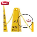 Caution wet floor warning sign with yellow cone, caution message, and chain barrier, used for safety at workplaces and public spaces to prevent slips and falls.