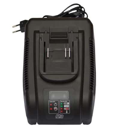 Charging station for battery-powered cleaning equipment, compact and easy to use. Suitable for industrial and commercial cleaning environments, with indicator lights for charging status.
