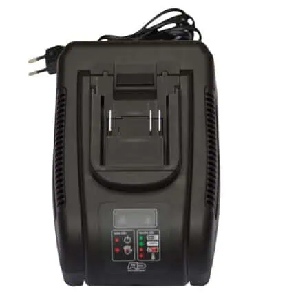 Charging station for battery-powered cleaning equipment, compact and easy to use. Suitable for industrial and commercial cleaning environments, with indicator lights for charging status.