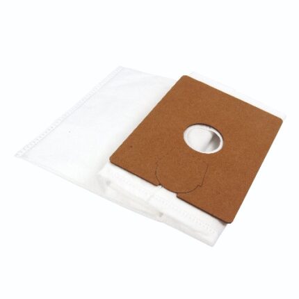 White vacuum cleaner bag replacement for dirt and dust collection in household and industrial applications, with brown filter cover.