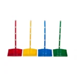 Red, yellow, blue, and green dustpans with long handles for efficient cleaning; ideal for commercial and industrial spaces.