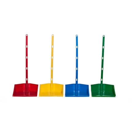Red, yellow, blue, and green dustpans with long handles for efficient cleaning; ideal for commercial and industrial spaces.