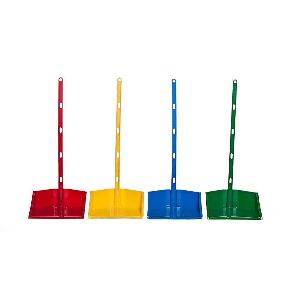 PLASTIC DUSTPAN #770 Red, yellow, blue, and green dustpans with long handles for efficient cleaning; ideal for commercial and industrial spaces.