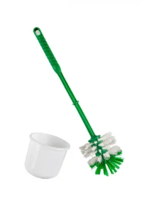 Green toilet brush with white handle cleaning tool and holder, ideal for bathroom hygiene and sanitation. Perfect for maintaining cleanliness in commercial and residential restrooms in Asia.
