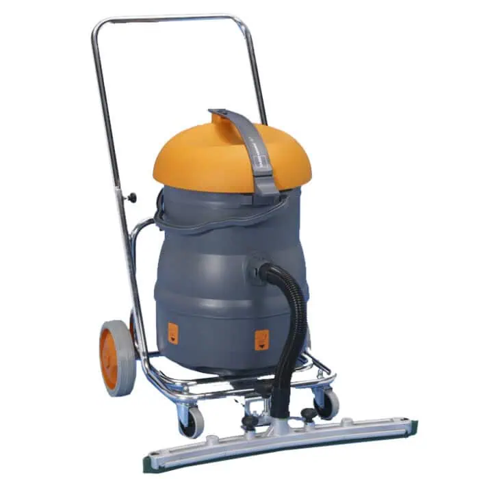 Industrial vacuum cleaner with orange and gray design, mounted on a mobile cart for cleaning and sanitation services in Asia.