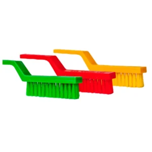 Colorful cleaning scrub brushes in green, red, and yellow for hygiene, sanitation, and janitorial needs. Perfect for commercial and residential cleaning supplies from Beyond Hygiene Asia.
