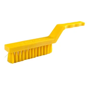 Scrubbing brush with yellow handle for cleaning surfaces and floors.