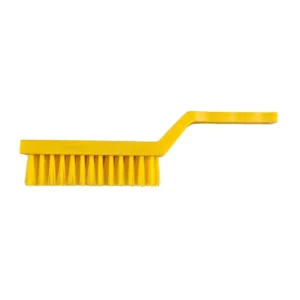 Yellow cleaning brush for hygiene and sanitation purposes, long handle with sturdy bristles, ideal for industrial cleaning and disinfecting surfaces in commercial settings.