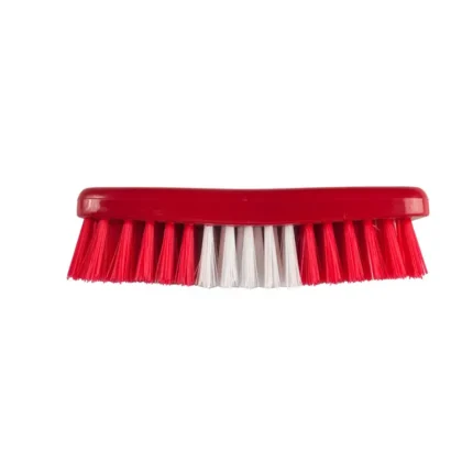 Red scrubbing brush for cleaning, durable plastic handle with synthetic bristles for efficient surface scrubbing and cleaning purposes.
