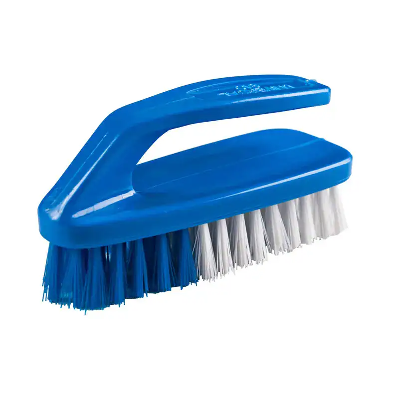 #810+Plastic+Scrub+Brush+Iron+Type+BLUE-1+B (1) Blue synthetic bristle scrub brush for cleaning surfaces, ideal for commercial and household use. Durable and ergonomic design enhances cleaning efficiency.