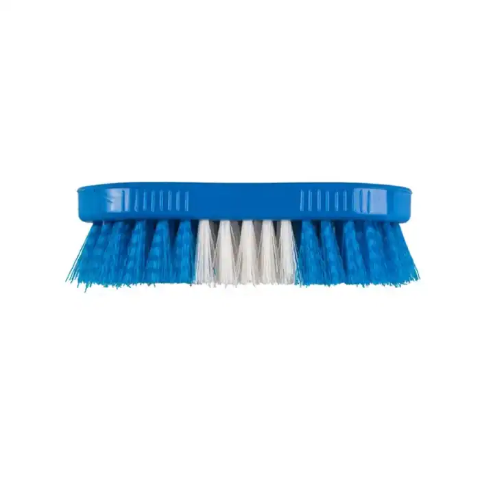Blue cleaning brush with plastic handle and synthetic bristles for sanitation and hygiene cleaning tasks in commercial and residential spaces.