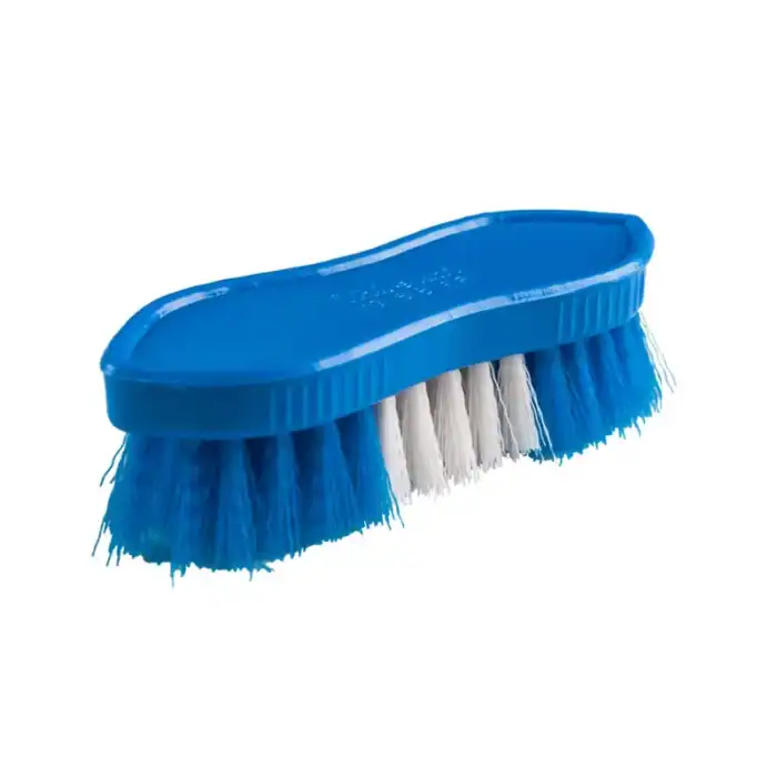 Blue plastic scrub brush for cleaning, soft bristles for hygienic sanitation.
