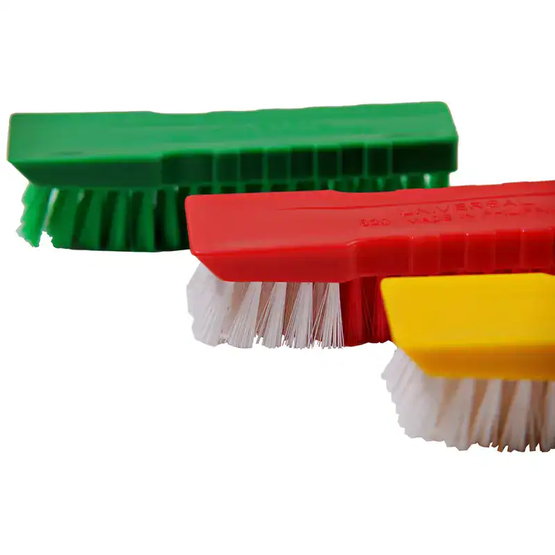 PLASTIC LAUNDRY BRUSH (#820) Green, red, and yellow scrub brushes for cleaning surfaces, ideal for hygiene and sanitation purposes. Durable handles and bristles designed for commercial and industrial cleaning tasks.